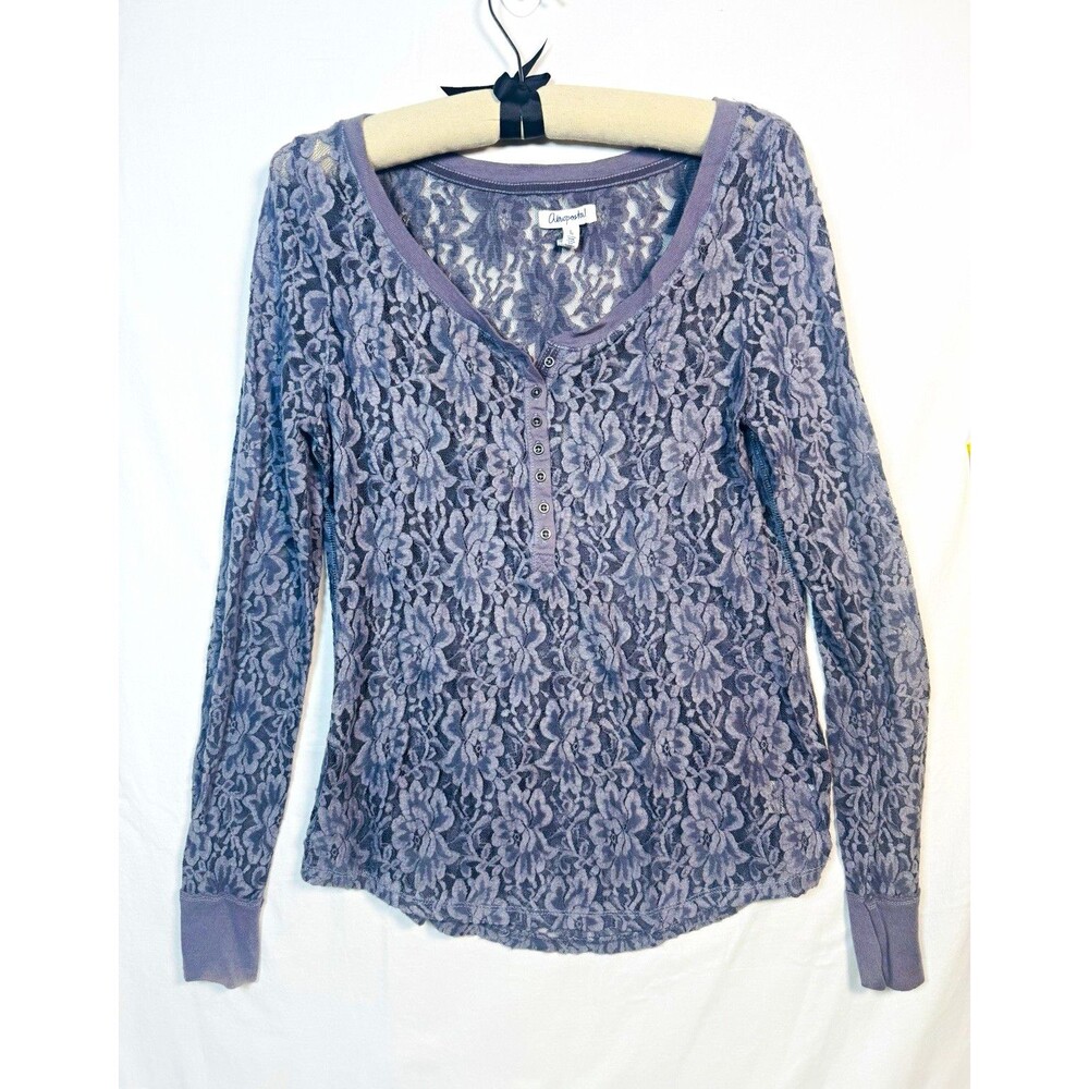 Aéropostale Women’s Gray Floral Lace Henley V-Neck Long Sleeve Blouse L